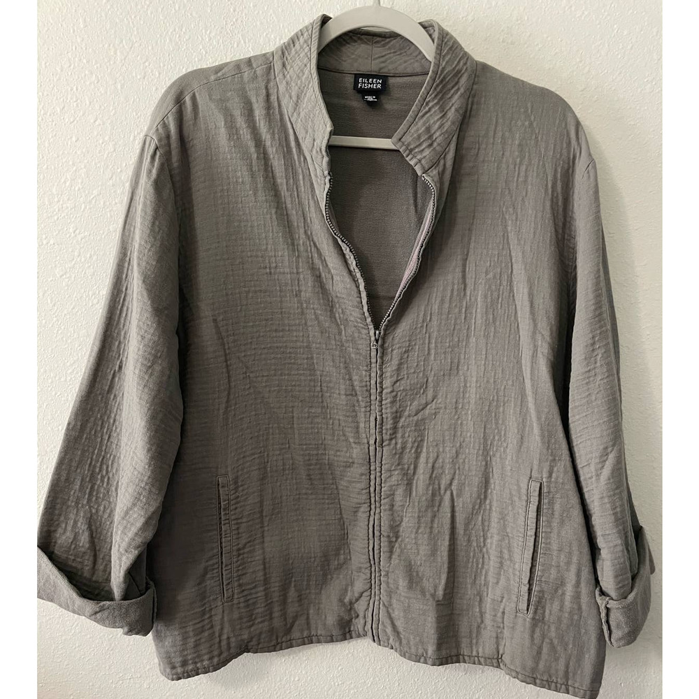 Eileen Fisher Gray Front Full Zip Lightweight Jacket Size Large